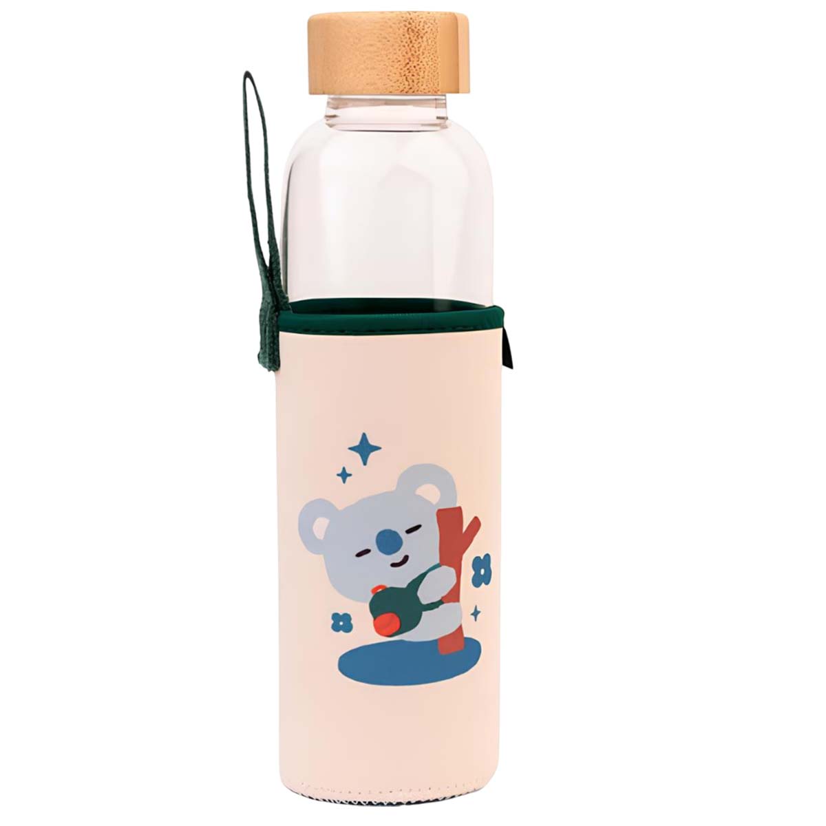 Lasinen juomapullo 500ml, uudelleenkäytettävä, KOYA-kuvio, kotelolla