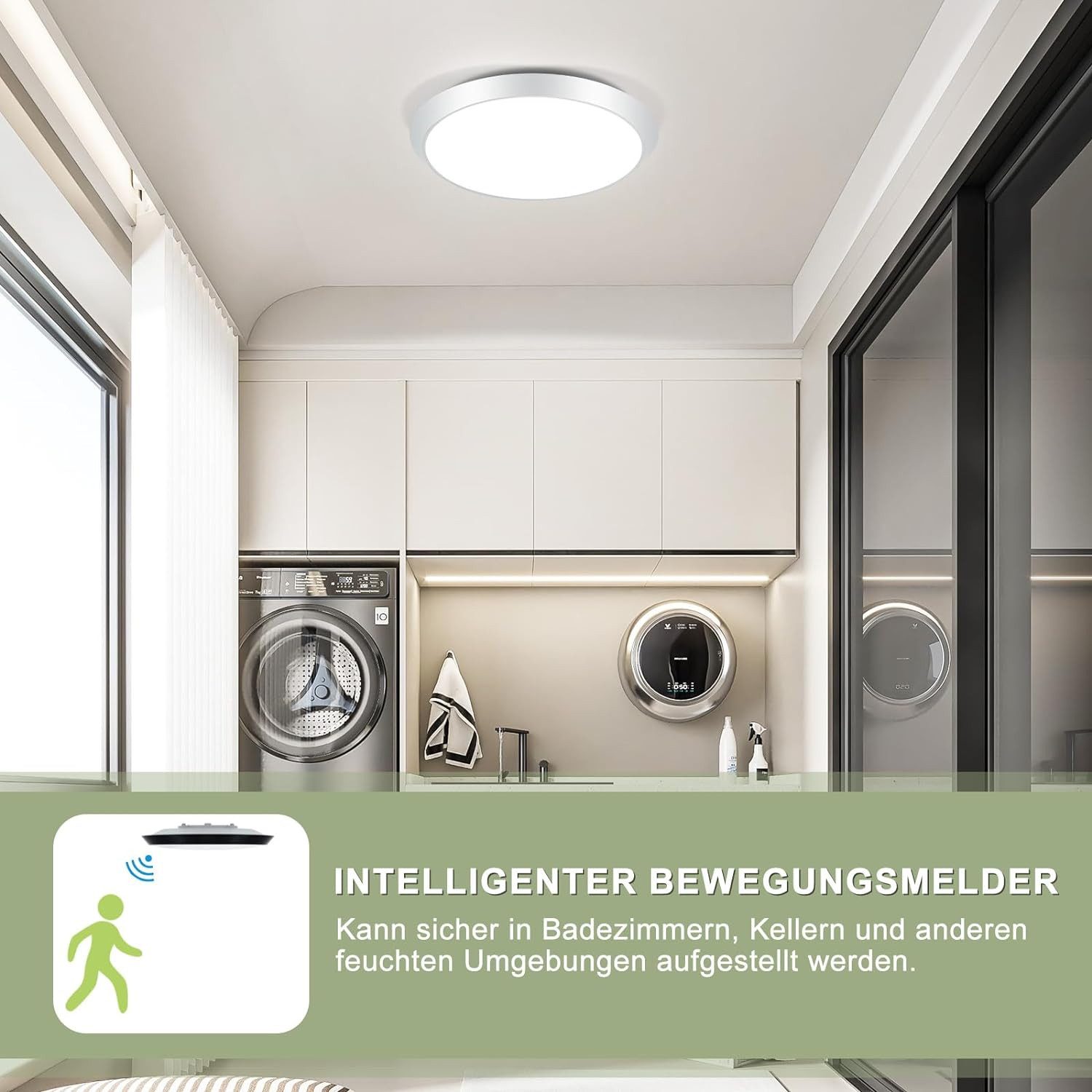 NETTLIFE LED - kattovalaisin, pyöreä valkoinen, liiketunnistimella 15W, sisäkäyttöön 4000K, neutraali valkoinen, IP44 porrasvalaisin, 30cm eteiseen