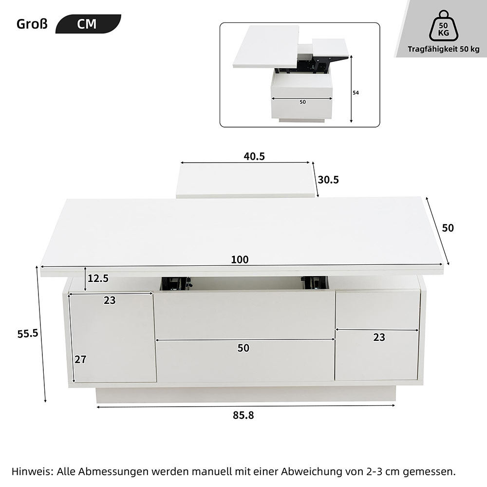 Valkoinen sohvapöytä piilotetulla säilytystilalla