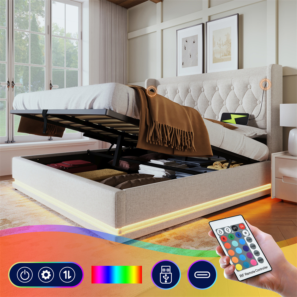 Hydraulinen Sänky 140 x 200 cm, Beige Puuvilla, LED + USB-C