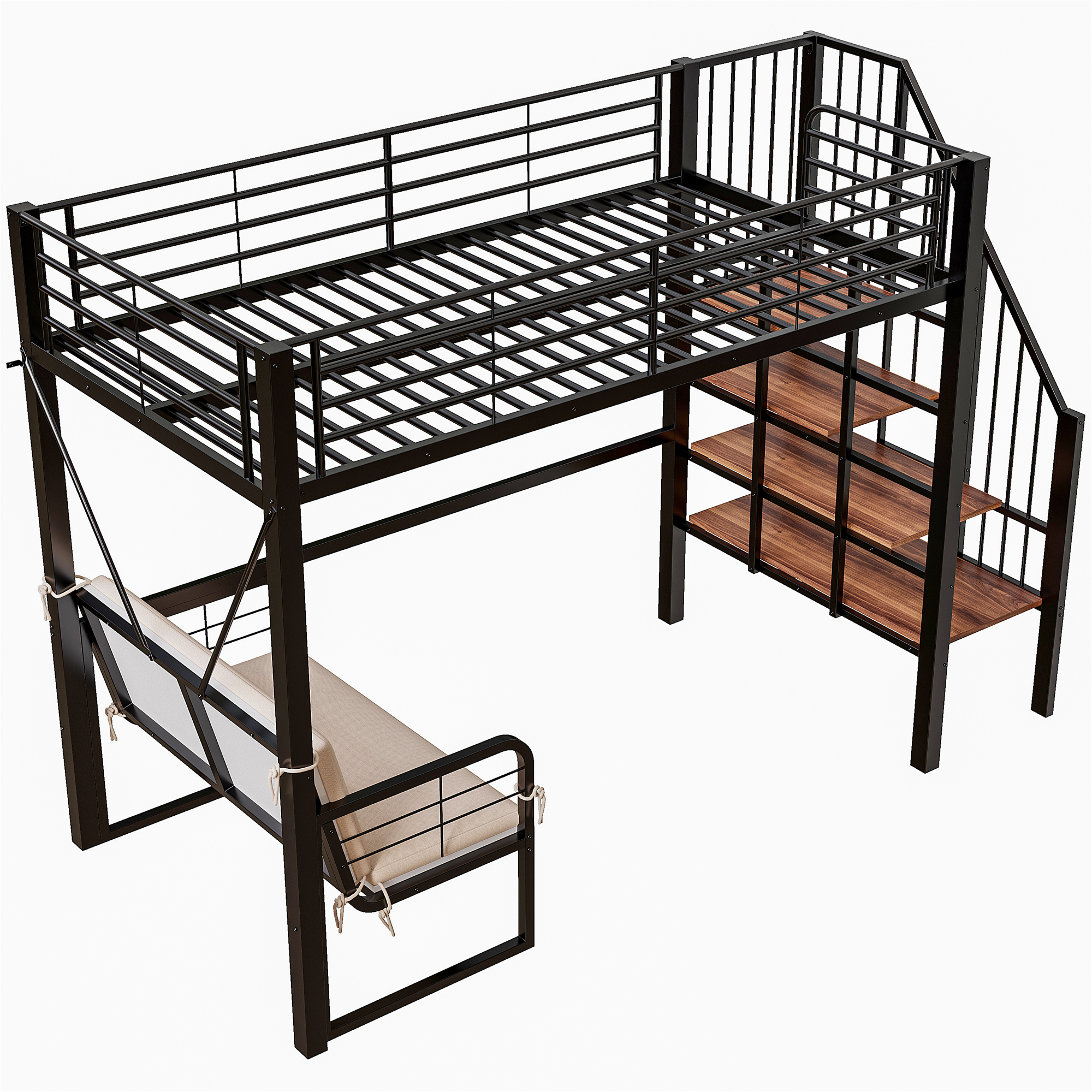 Kerrossänky 90x200, metallinen, irrotettavalla sohvalla, säilytystilaa ja turvaportaat, musta