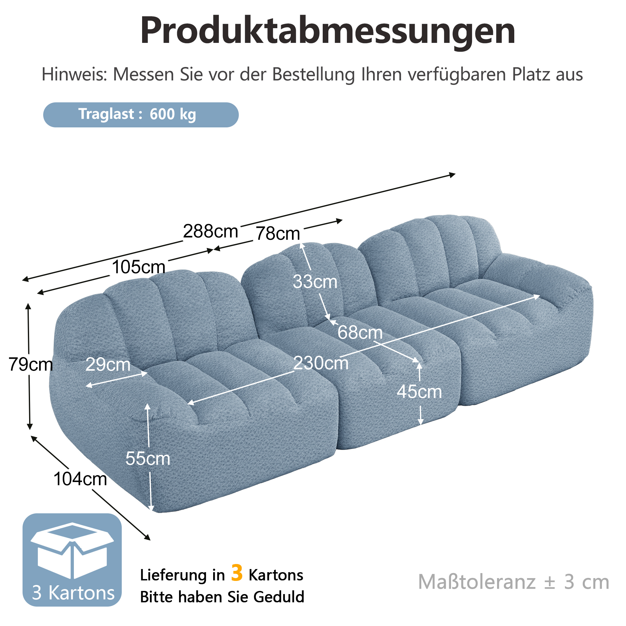 moduulisohva 3-paikkainen sininen granulaarinen villapellava moderni pehmeä säilytystilalla varustettu