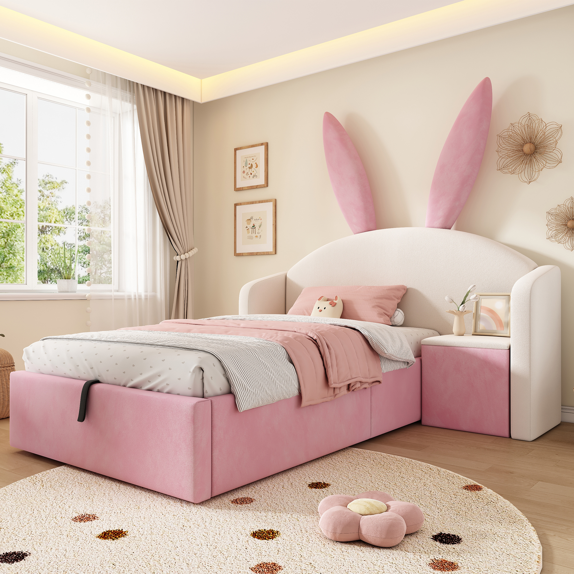 sänky 90x200 cm turva-aidat säilytystila lastenhuone kermanvärinen ja pinkki sametti