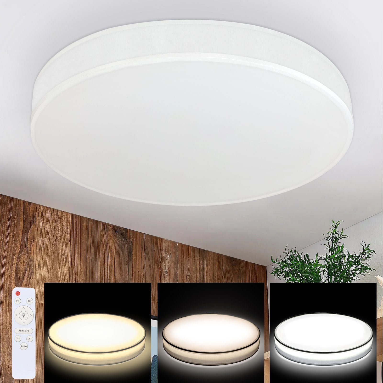 NETTLIFE LED - kattovalaisin, 38CM HimmennettäväKaukosäätimellä Valkoinen, Pyöreä Moderni Kangaskattovalaisin Olohuoneeseen, Makuuhuoneeseen Eteiseen