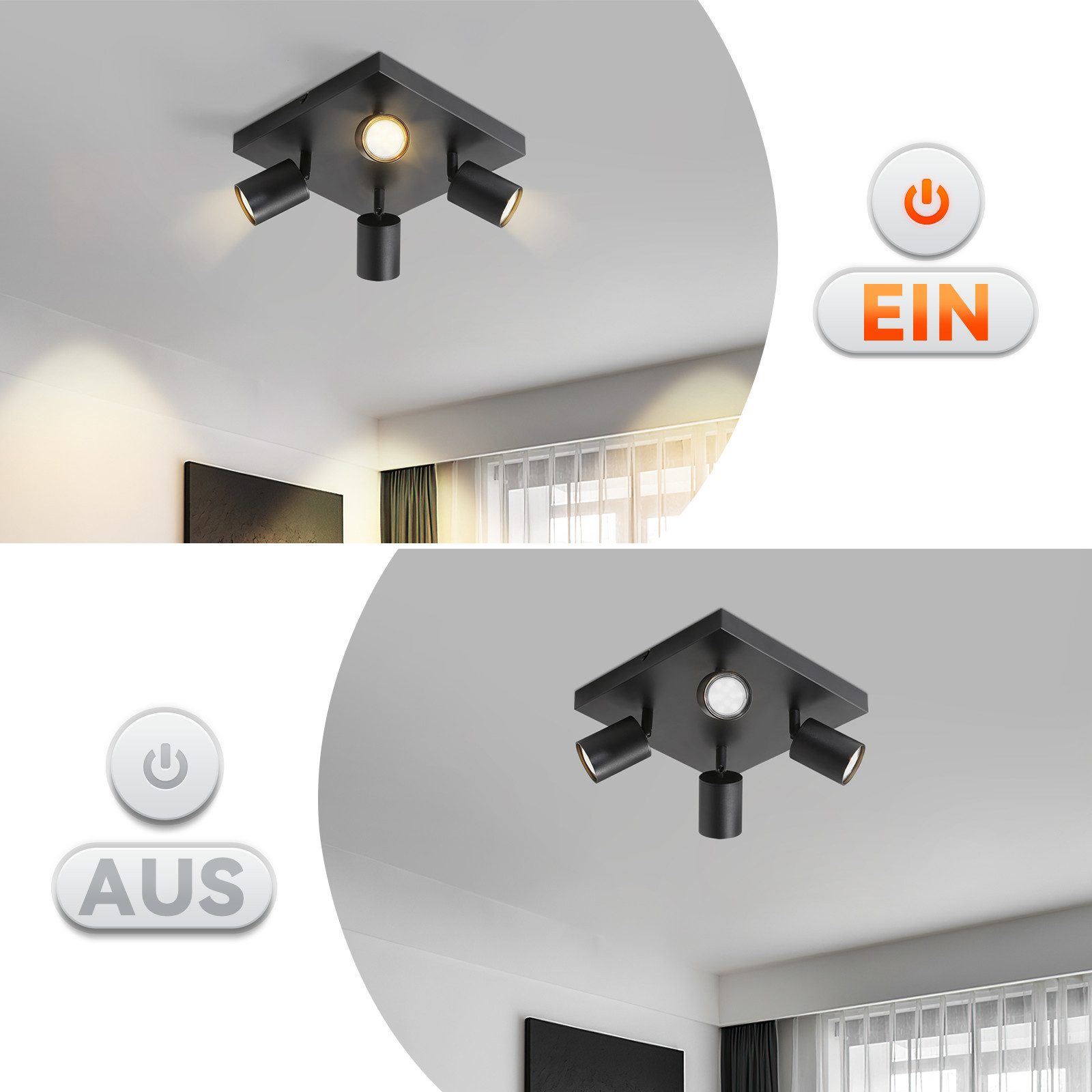 NETTLIFE 4- lamppuinen kattokohdevalaisin, musta metalli