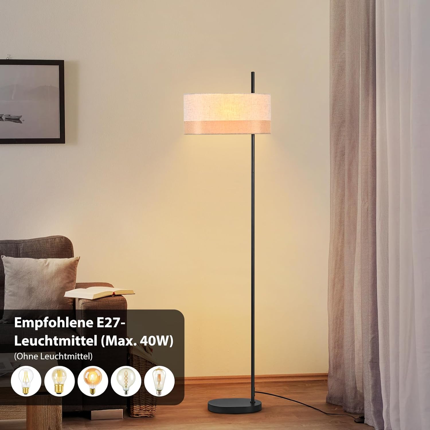 ZMH 154 cm lattiavalaisin retro E27 -kangasvarjostimella makuuhuoneeseen