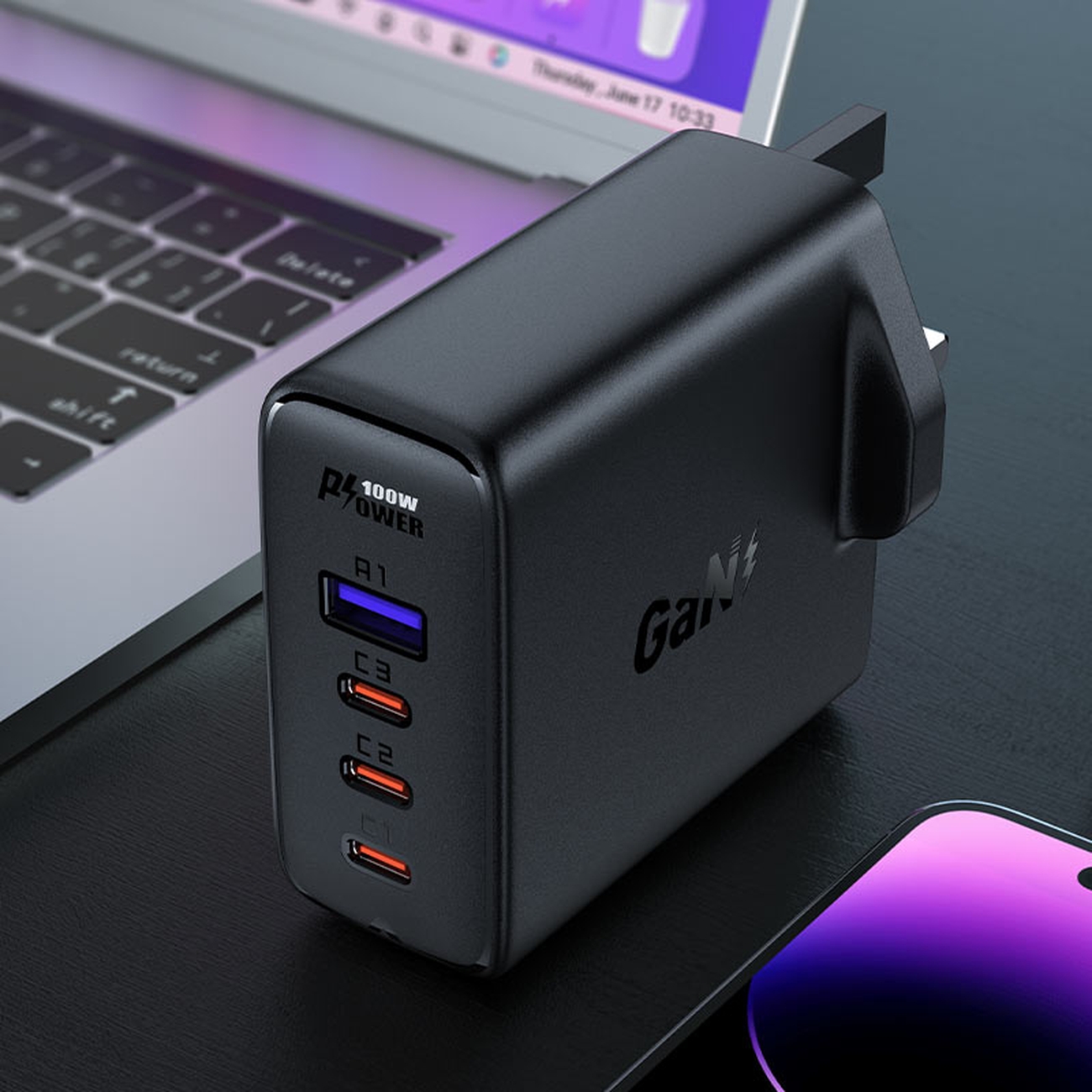 2in1-kaapeli ja pikalaturi GaN UK-pistoke 100W PD 3x USB-C USB musta