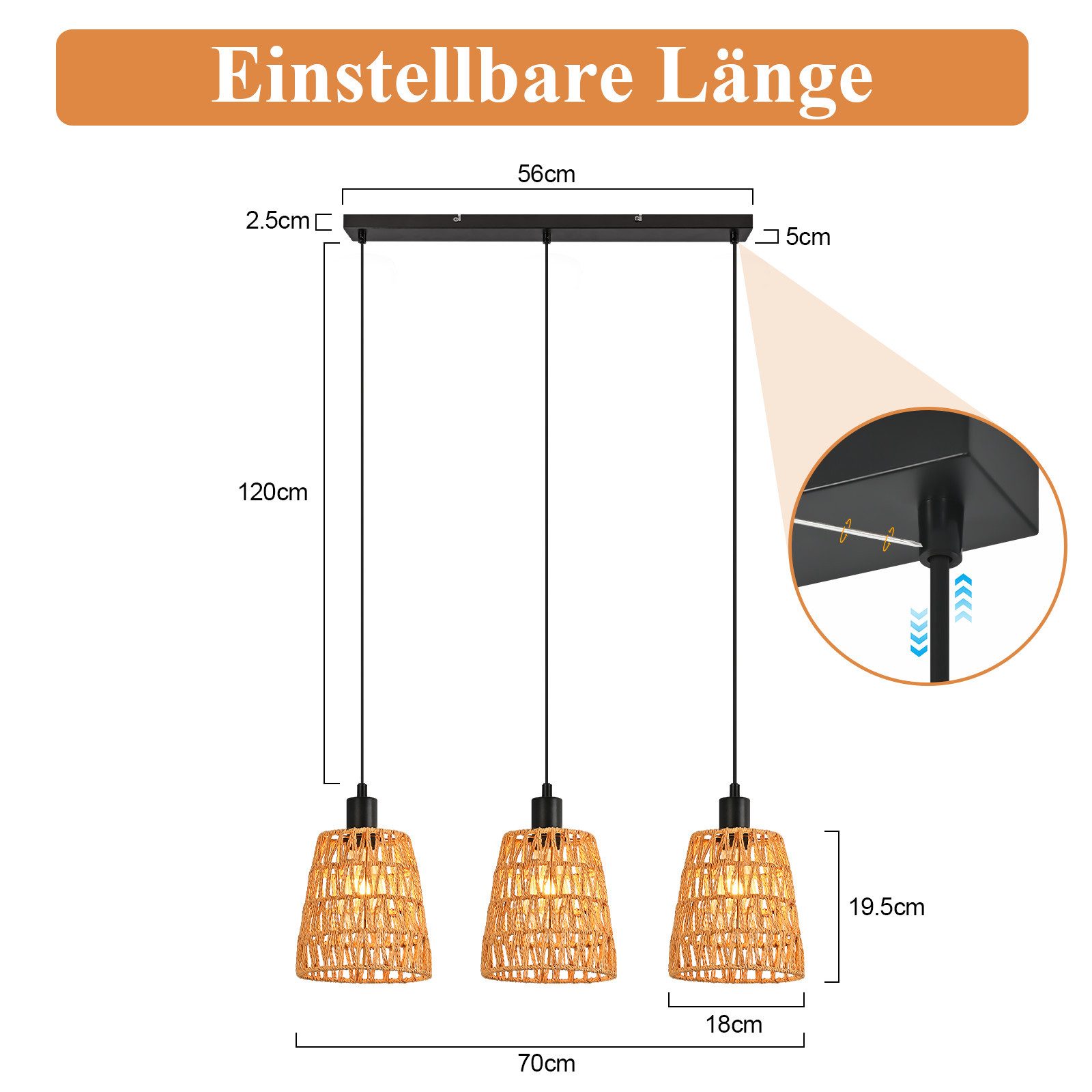 NETTLIFE riippuvalaisin retro boheemi rottinki-riippuvalaisin, korkeussäädettävä, 3-lamppuinen, E27