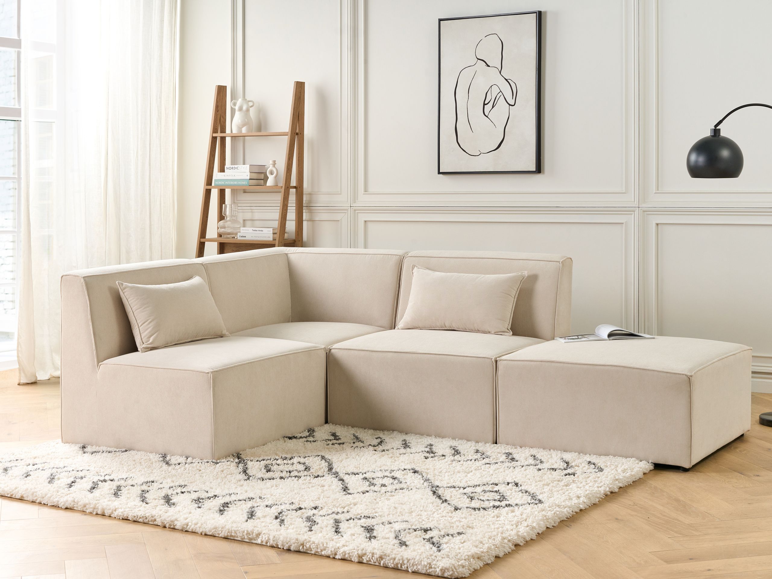 Moduulikulmasohva 3-istuttava LEMVIG vakosametti Vaaleanbeige ja rahi Oikea