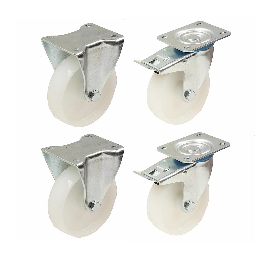 4 kpl:n sarja – 300-sarjan kiinteät pyörät, 80 mm:n polypropeeninen ylälevy, 100 x 84 mm:n rulla