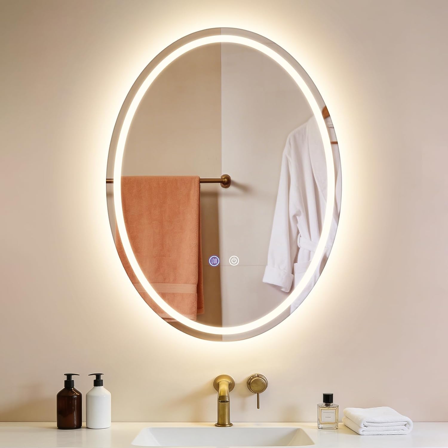 NETTLIFE Soikea LED-kylpyhuoneen peili 60x80cm, Kosketusohjaus, Huurtumaton, Himmennettävä 3000-6500K, IP44 Valaistu peili