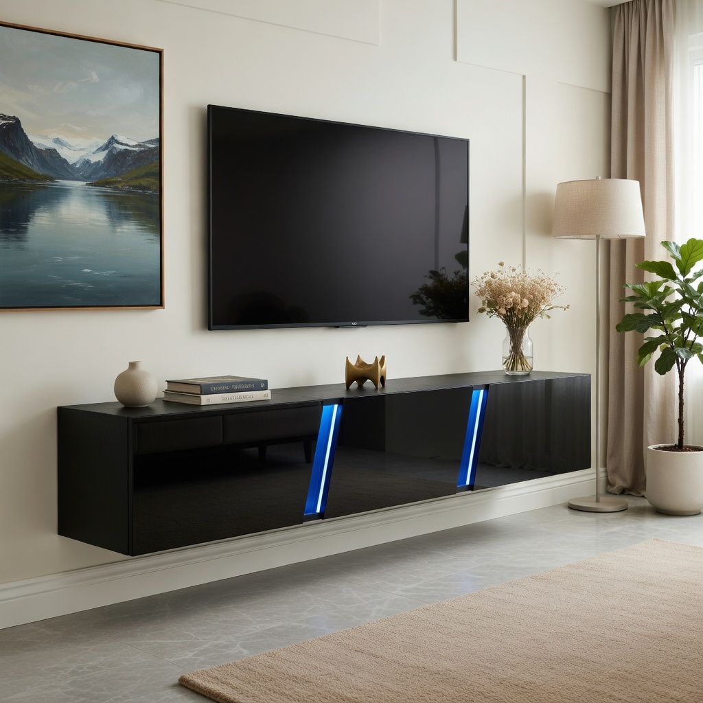 TV-taso seinäkiinnityksellä 180x35x30 cm musta lastulevy LED-valoilla