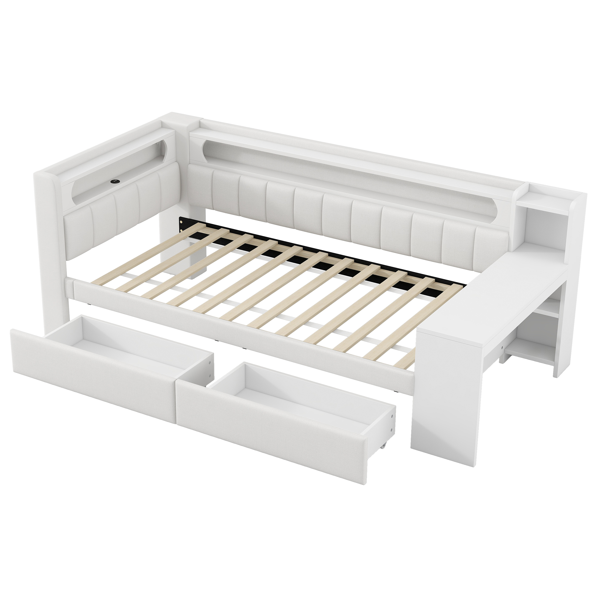 sänky 90x200 cm led-valaistus usb-liitännät kirjoituspöytä laatikot valkoinen mdf vaneri kangas