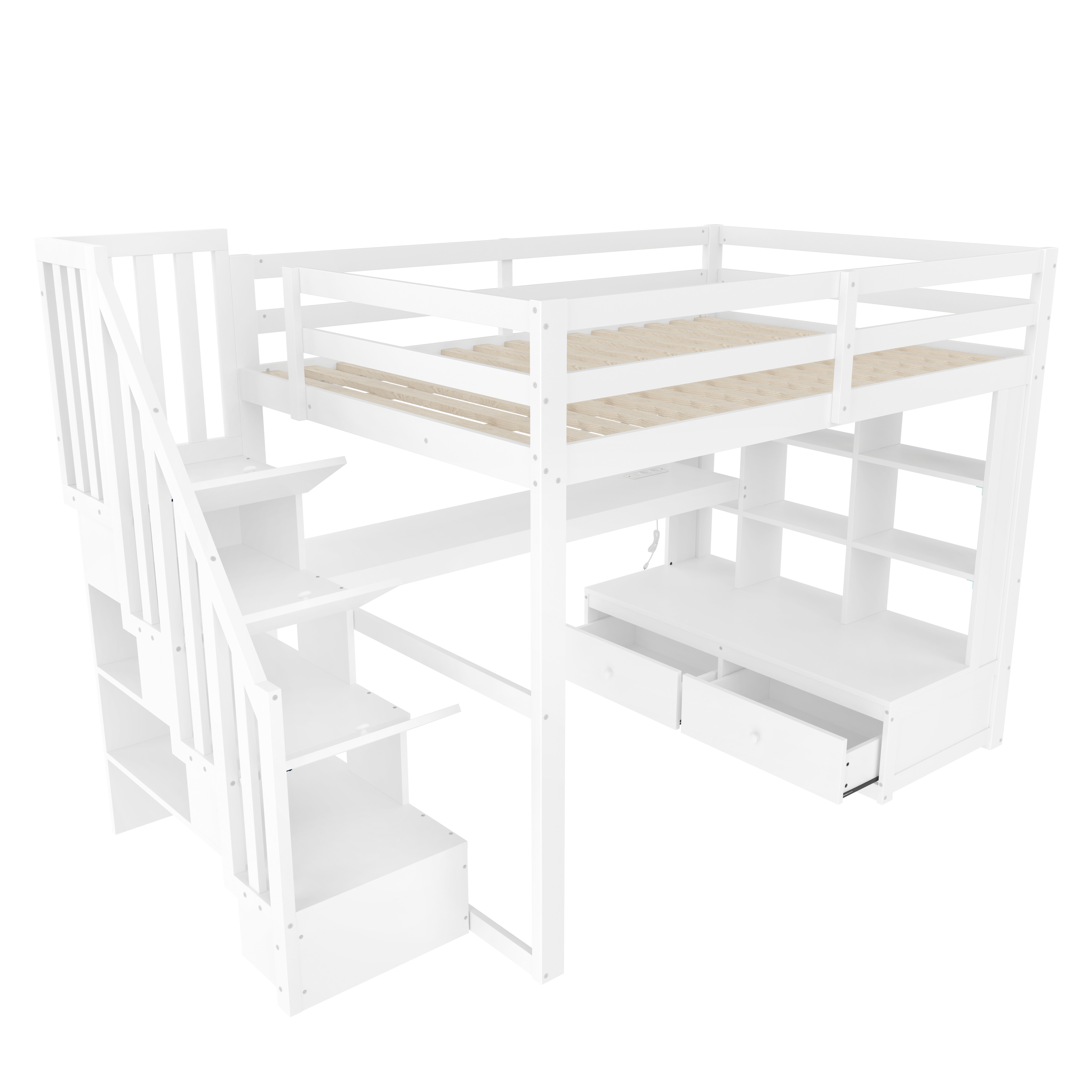 Hochbett 140x200 cm turva-aidat säilytystila laatikot valkoinen MDF mänty vaneri