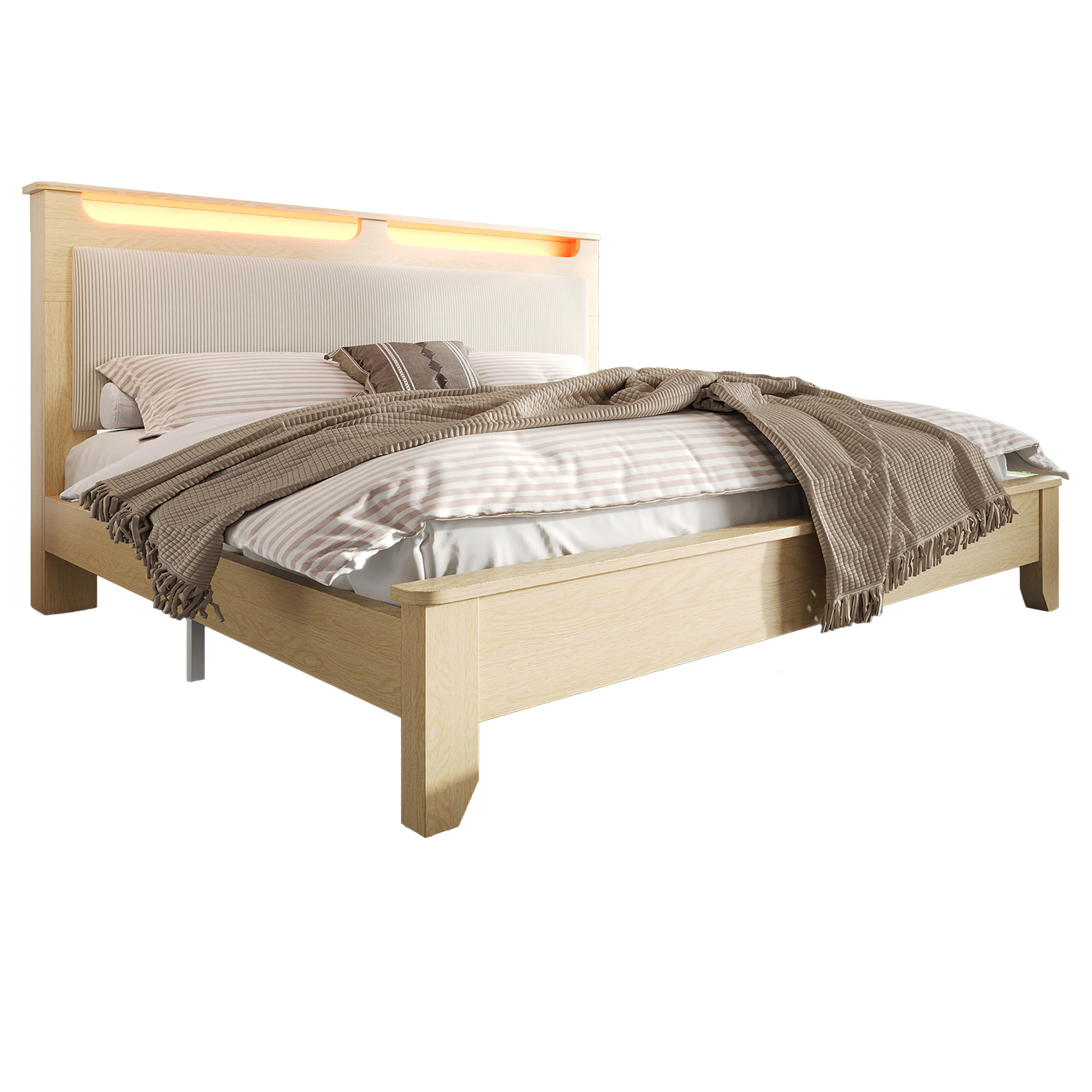 sänky 160x200 cm turva-aidat säilytystila LED-valaistus beige kangas puinen