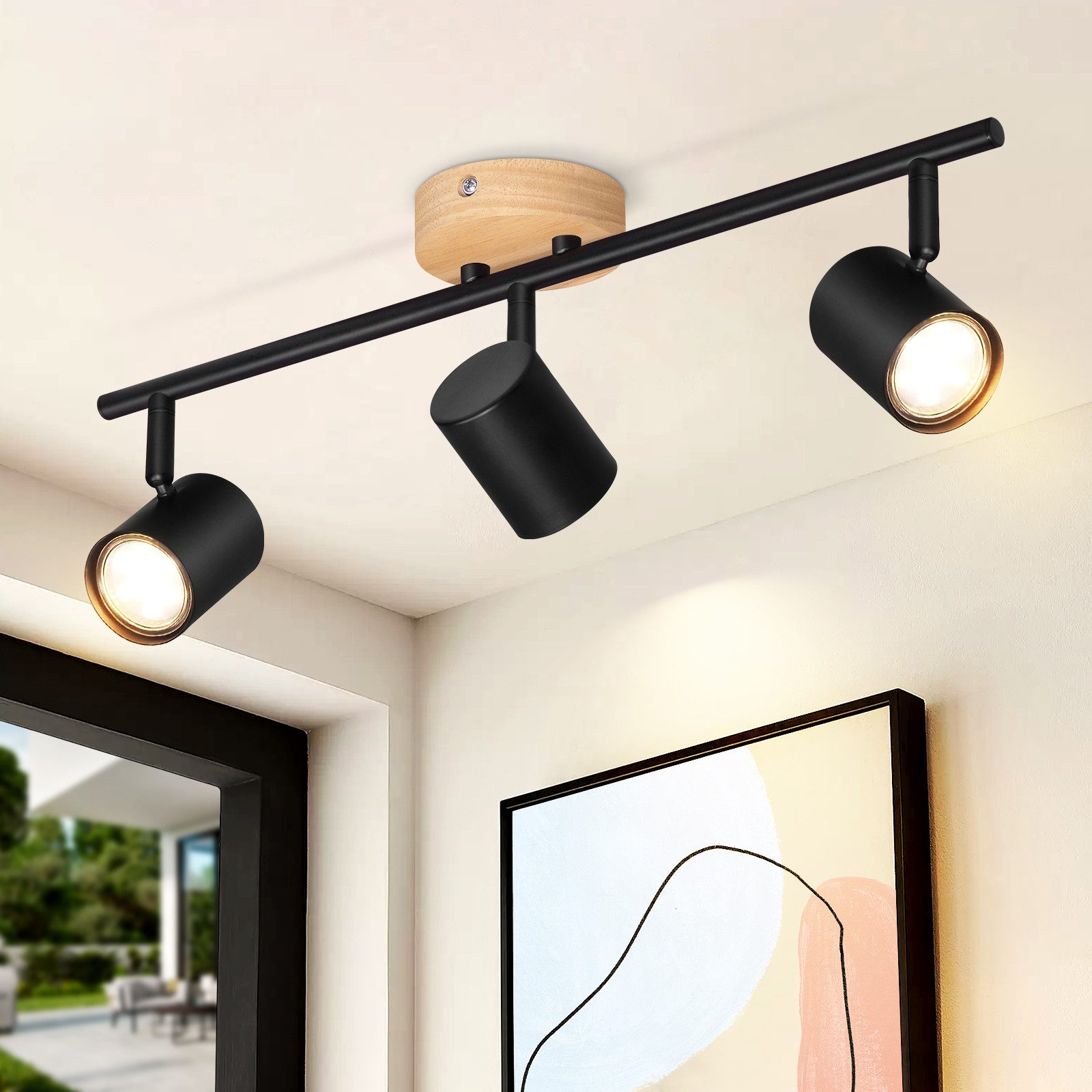 NETTLIFE LED - kattovalaisin 3 liekkiä - musta kattovalaisin GU10 kääntyvä kohdevalo puinen ilman lamppua