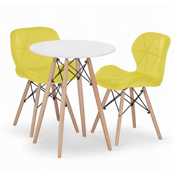 OSKAR TODI 60 pyöreä pöytä, valkoinen, 2 LAGO-tuolia, keltainen