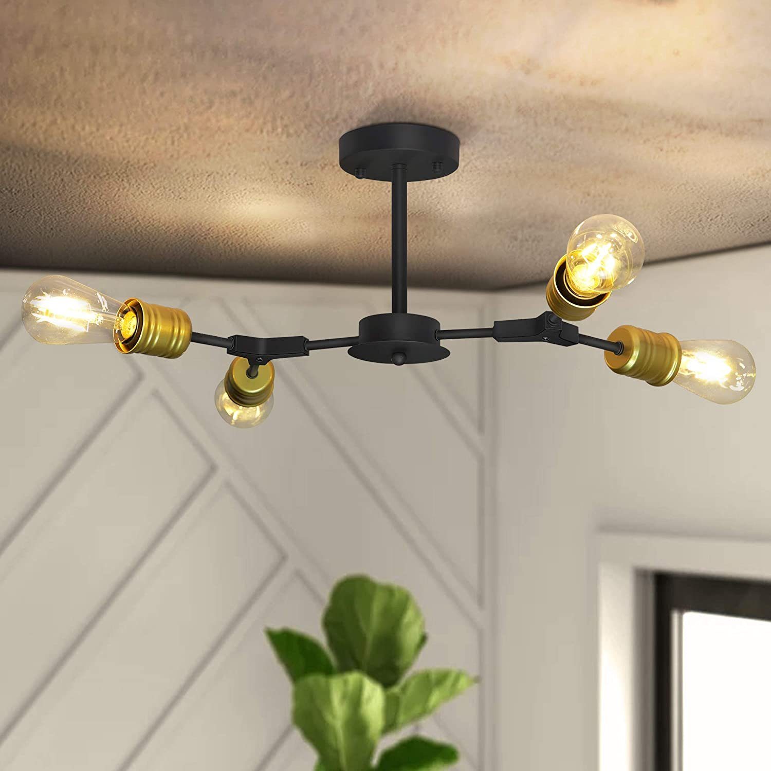 ZMH Vintage musta retro E27 -kattovalaisin neljällä lampulla, teollinen maalaismainen metallinen eteisvalaisin keittiövalaisin, max. 25W