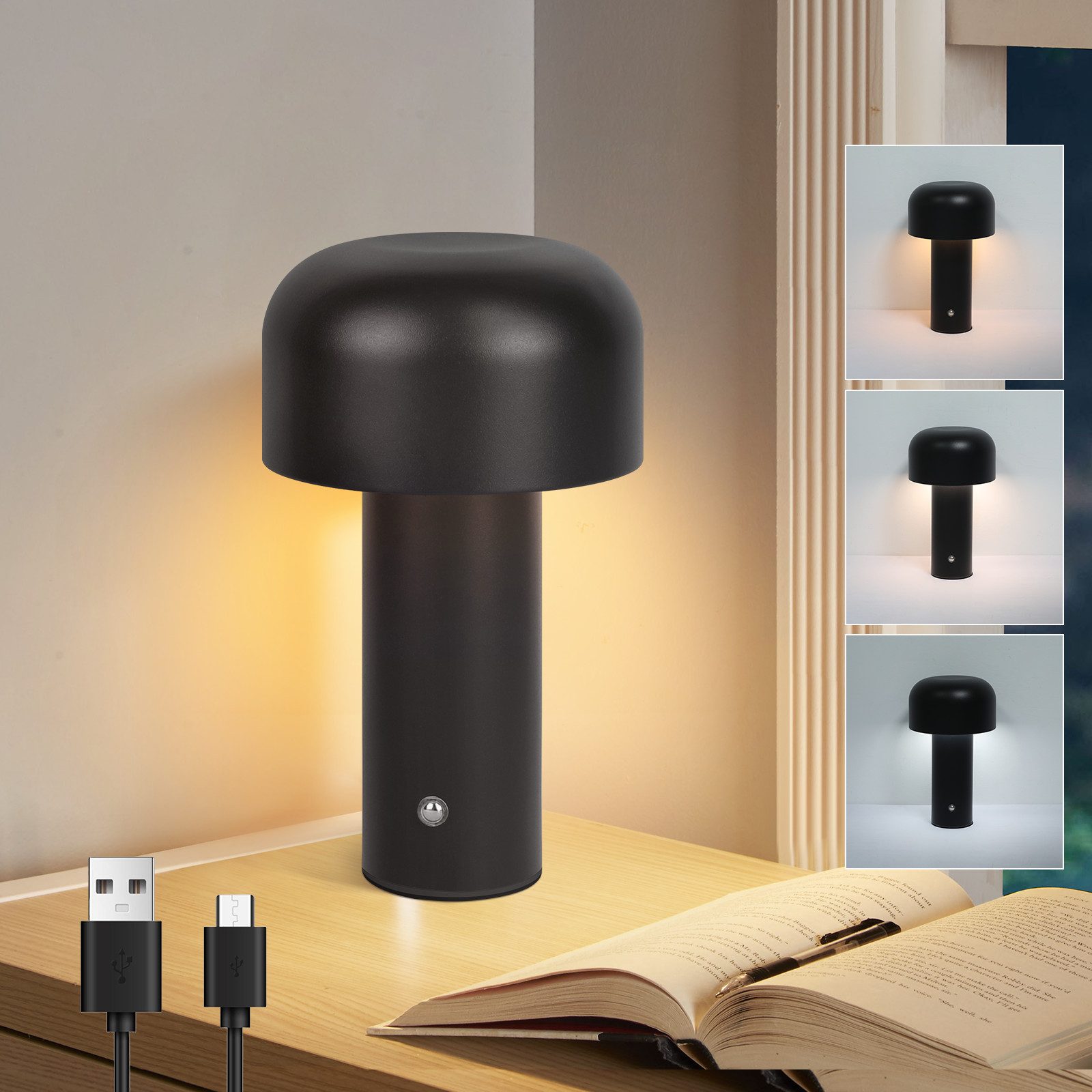 NETTLIFE 2W Himmennettävä Paristokäyttöinen Johdoton LED-pöytävalaisin, Makuuhuoneen Yöpöytävalaisin, Pieni Sienilamppu