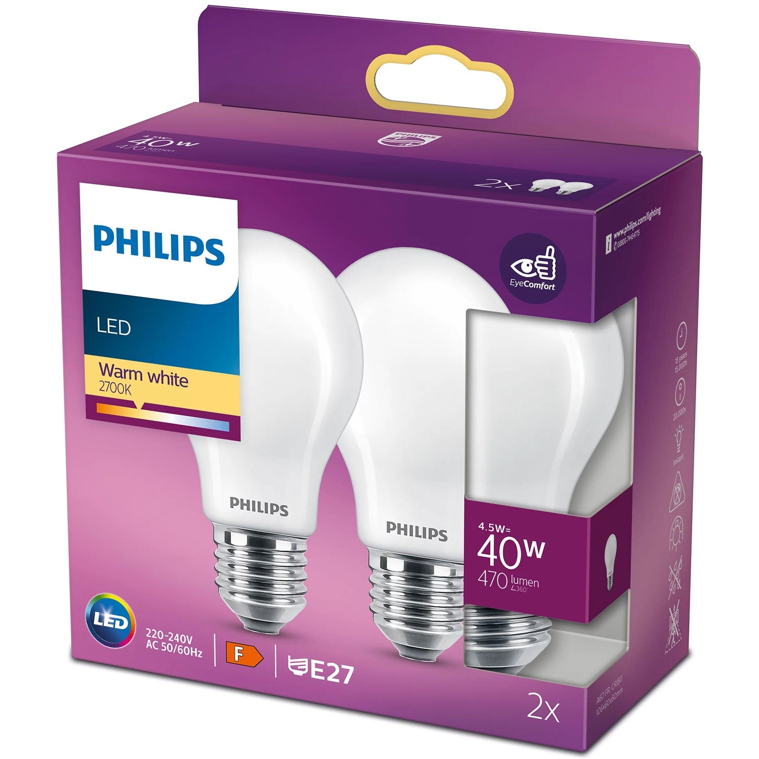 2 kpl LED E27 Normaali 40W Frost 470lm