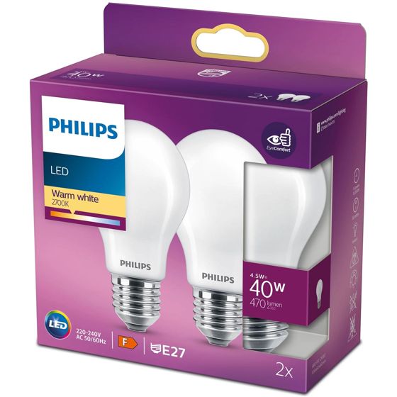 2 kpl LED E27 Normaali 40W Frost 470lm