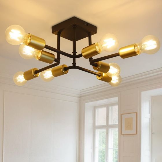 NETTLIFE - kattovalaisin, 48, 5 * 48 * 16cm E27Vintage - metalliteollisuusvalaisin, 8 lampulla, musta ja Kulta, makuuhuoneeseen, max. 25W
