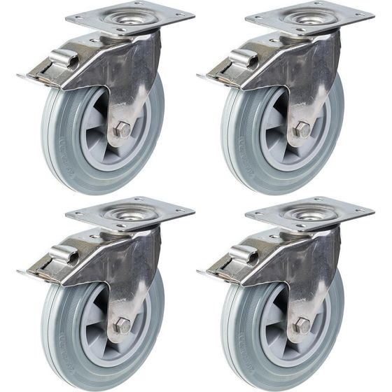 200mm 8" ruostumattomasta teräksestä valmistettu pyörä, harmaa kumi, kääntyvä, jarrullinen, 820kg, 4 kpl:n sarja.