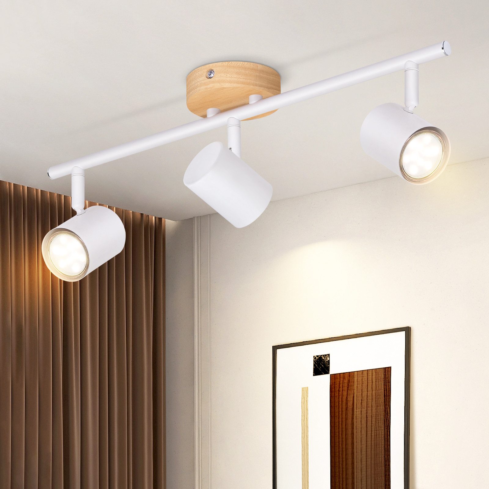 NETTLIFE LED - kattovalaisin 3 liekkiä - valkoinen kattovalaisin GU10 kääntyvä kohdevalo puinen ilman lamppua