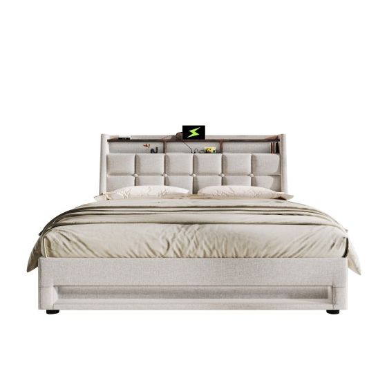 Verhoiltu parisänky 180x200, USB- ja LED-valoilla, metallisäleet, pellava, ilman mattoja