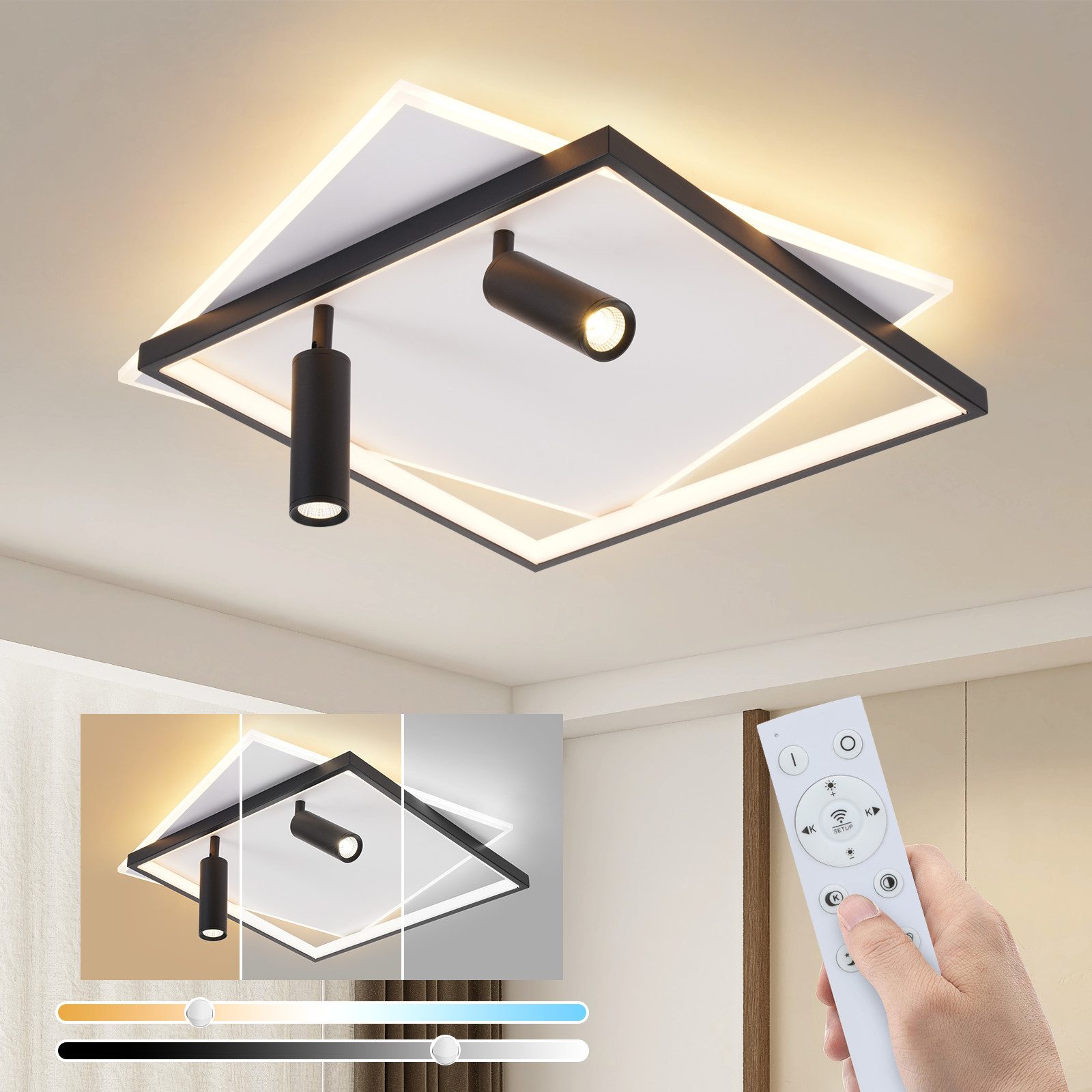 NETTLIFE LED - kattovalaisin olohuoneeseen: himmennettävä 62 W:n olohuonevalaisin, jossa on kaksi mustaa kattovalaisinta kaukosäätimellä