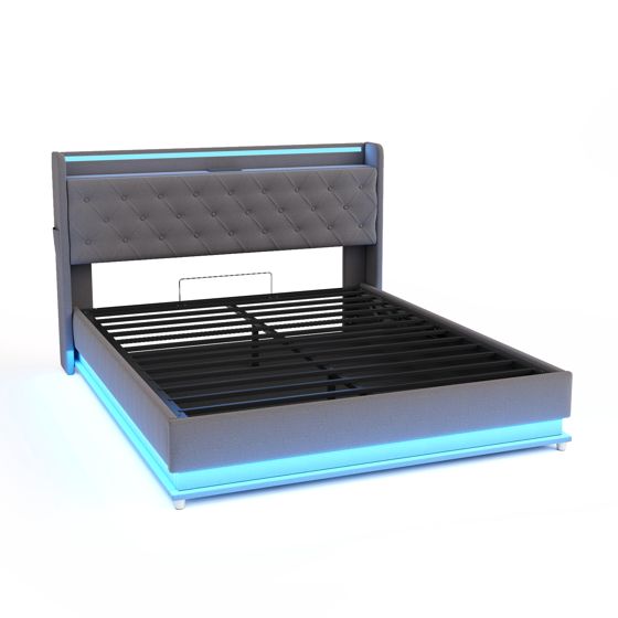 sänky 160x200 cm led-valaistus usb-lataus säilytystila harmaa kangas