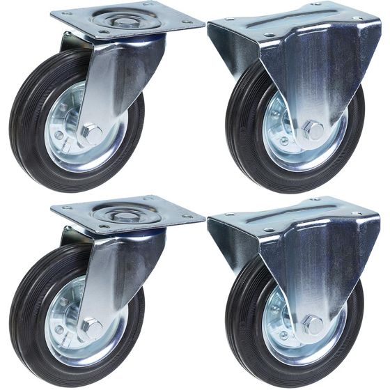 200 mm:n (8 tuuman) pyörän kumirenkaat, kääntyvät ja kiinteät, kestävät 800 kg:n kuormituksen, 4 kpl:n sarja