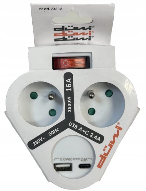 Virtajohto kytkimellä ja maadoitus 2x2P+Z + USB tyyppi A ja C