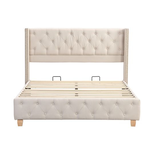 Verhoiltu Sänky 140 x 190 cm, Beige Pellava, Napit + Puiset Jalat