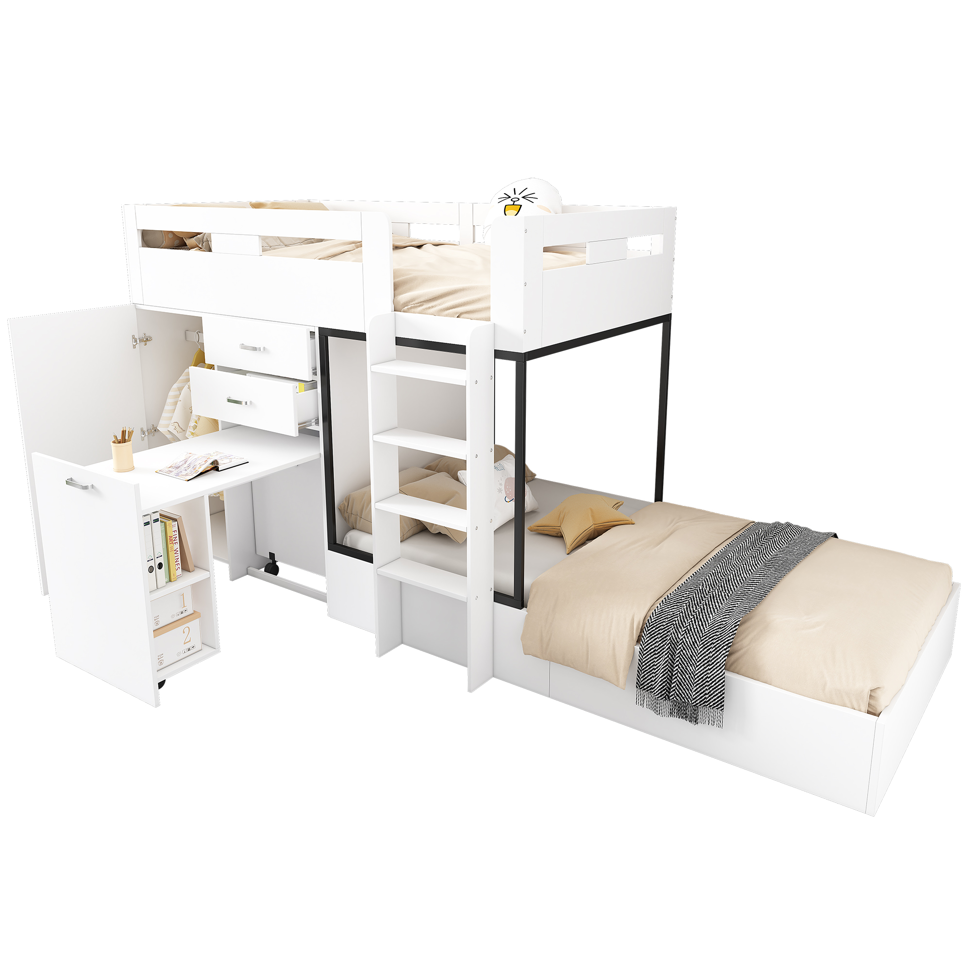 Sänky 90x200 cm turva-aidat säädettävä säilytystila laatikot ja regalit valkoinen MDF