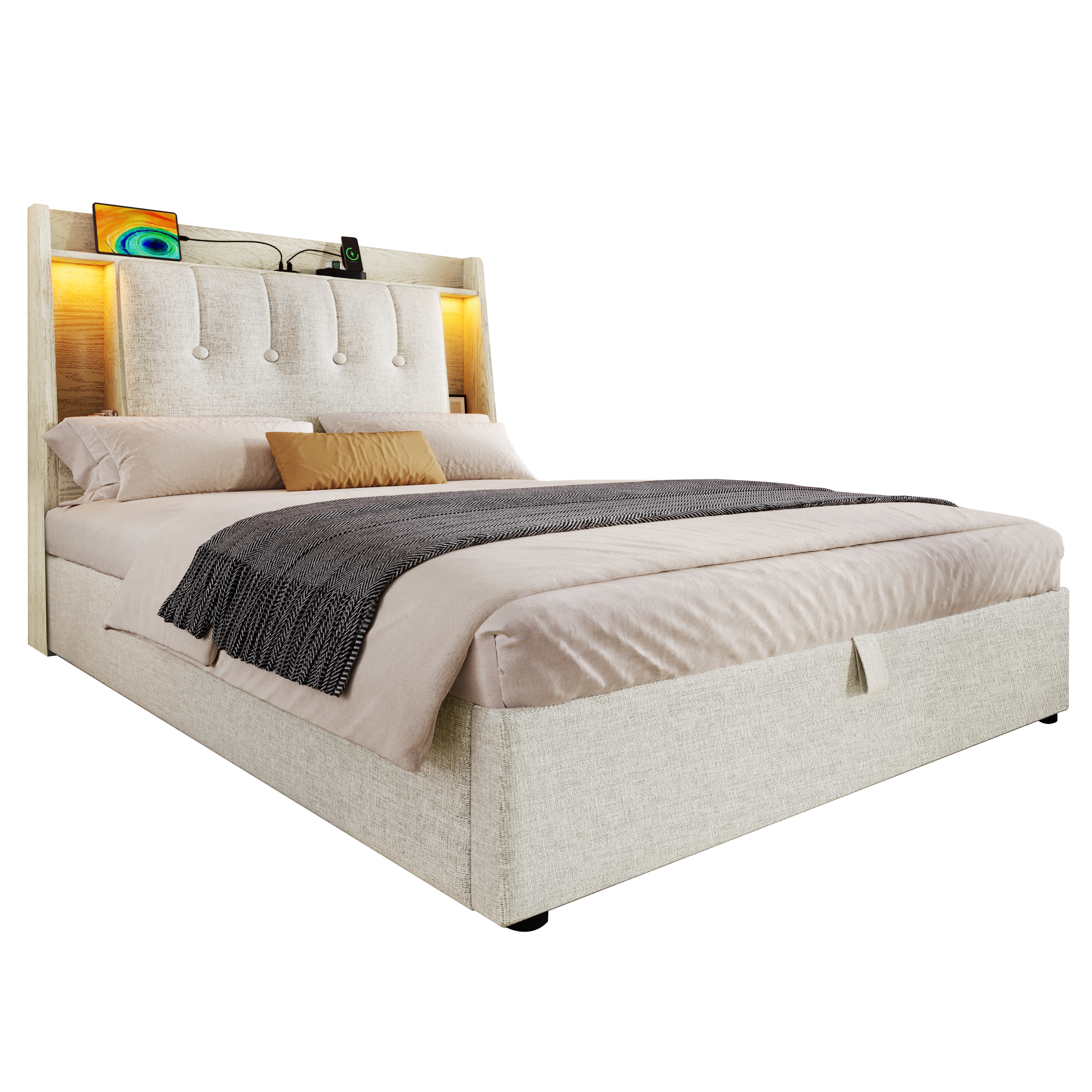 Verhoiltu sänky 90x200 cm, yhden hengen sänky LED-valolla ja USB Type-C -liitännällä, pellava, beige