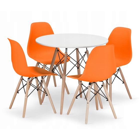 Pyöreä pöytä TODI 80 valkoinen, 4 OSAKA-tuolia oranssi