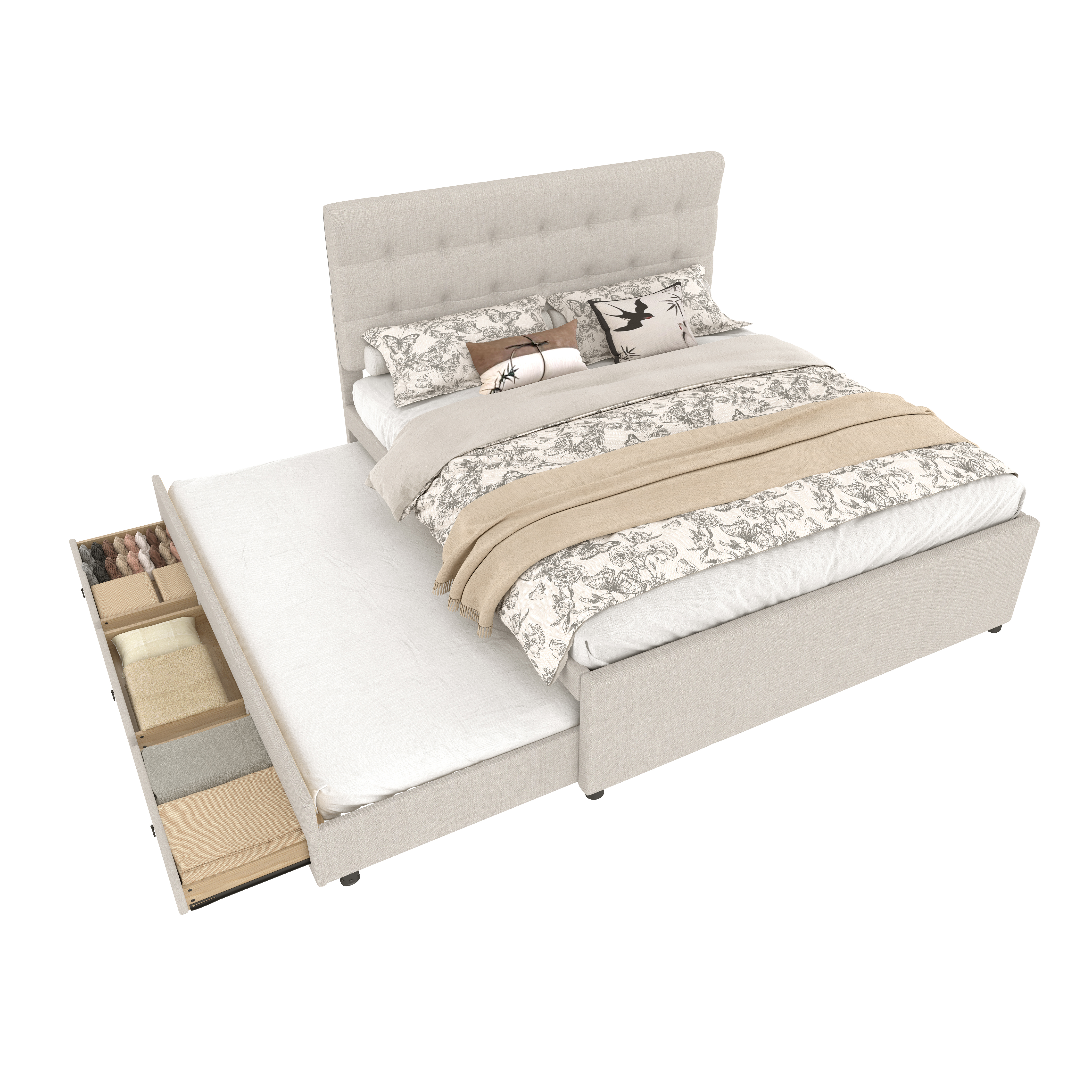 Verhoiltu sänky 140x200 cm, parisänky kolmella laatikolla, jatkettava sänky, beige