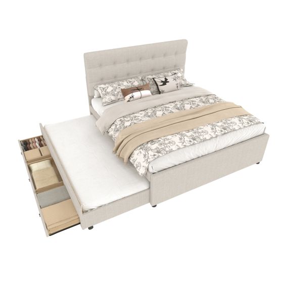 Verhoiltu sänky 140x200 cm, parisänky kolmella laatikolla, jatkettava sänky, beige