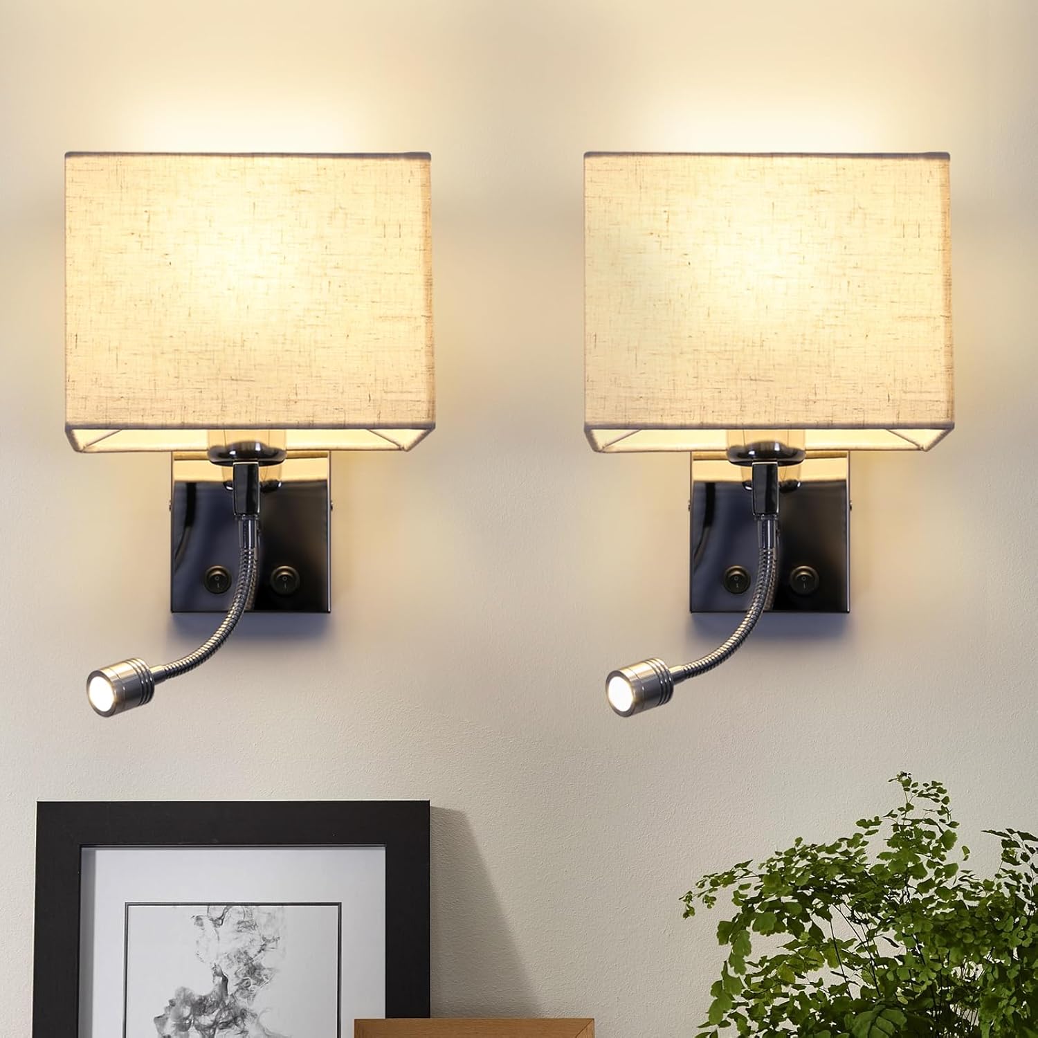NETTLIFE 2 LED-seinävalaisimen setti sisä-/makuuhuoneen seinävalaisin olohuoneen yöpöytävalaisin kangasta joustavalla lukuvarrella E27