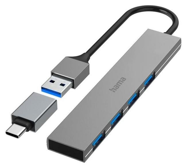 Hama Premium USB 3.2 -keskitin + USB-C-sovitin, 4x USB-A, erittäin ohut, 5Gbit/s