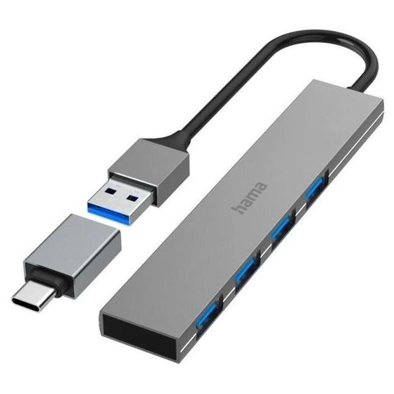 Hama Premium USB 3.2 -keskitin + USB-C-sovitin, 4x USB-A, erittäin ohut, 5Gbit/s