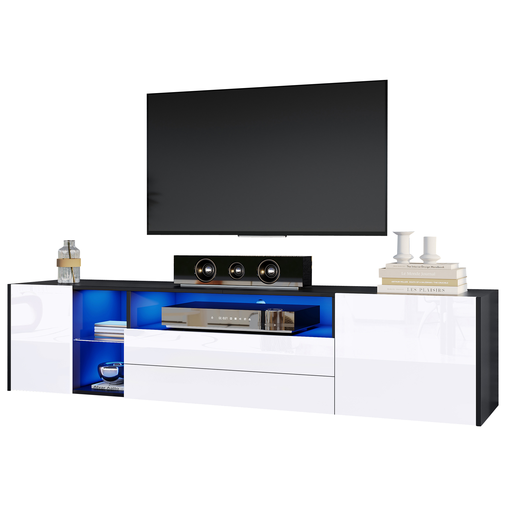TV-taso 180x40x45 cm valkoinen ja musta puinen säilytyksellä ja LED-valaistuksella