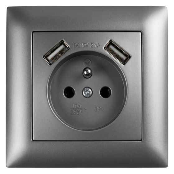 Toolight Yksiosainen maadoitettu pistorasia JNH003-G + kehys + 2x USB-A Harmaa 4, 8x7, 4x7, 4cm