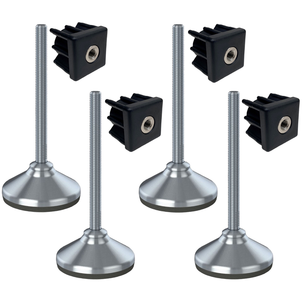 Ruostumaton jalka 12x150x80mm, jalustassa kumityyny + insertit 40x40x1.2mm - 4 kpl:n sarja.