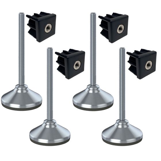 Ruostumaton jalka 12x150x80mm, jalustassa kumityyny + insertit 40x40x1.2mm - 4 kpl:n sarja.