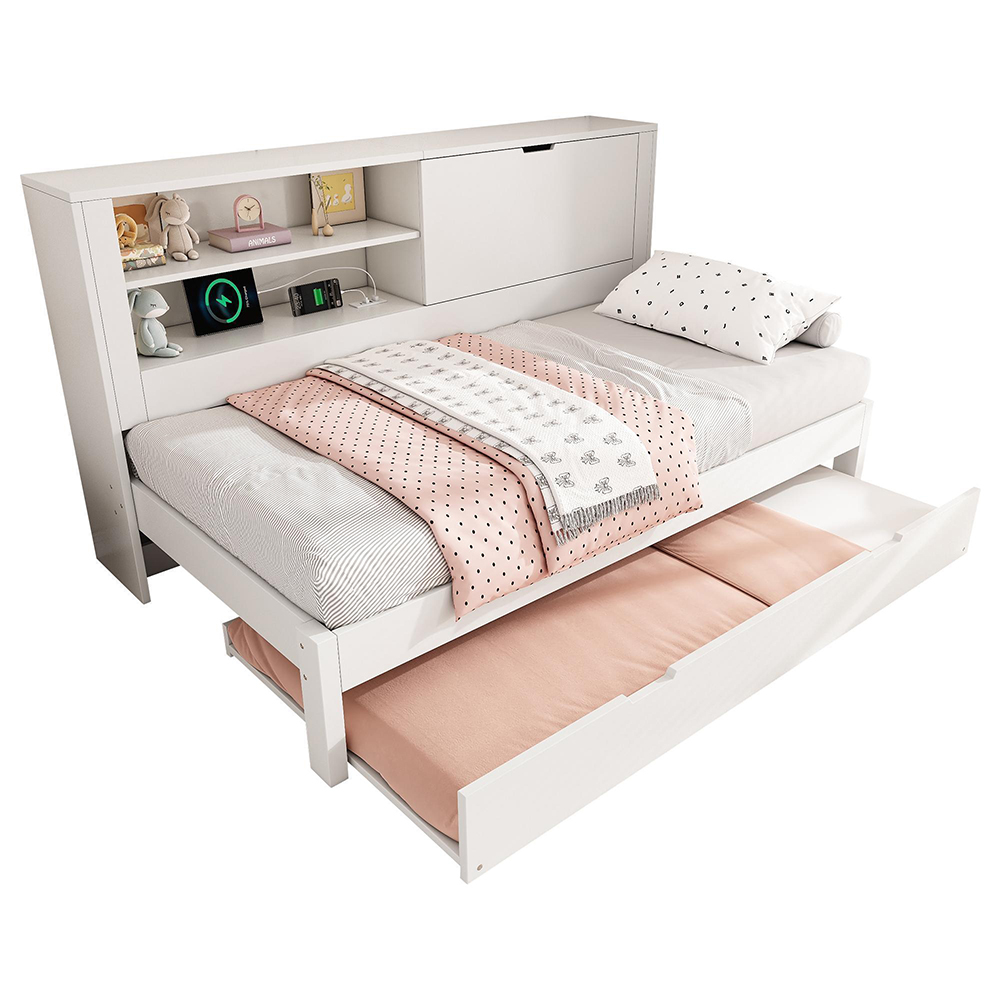 90×190 cm -sänky + 90×190 cm -lisävuode, avohylly ja USB-C-lataus