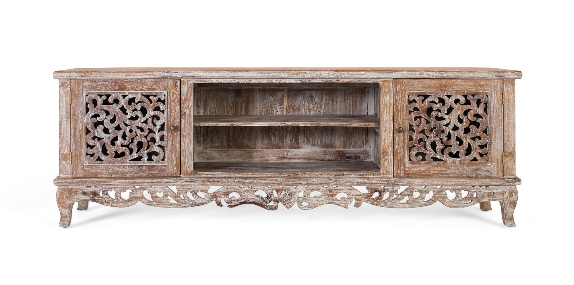 Tiikkipuinen TV-taso, käsintehdyt kaiverrukset