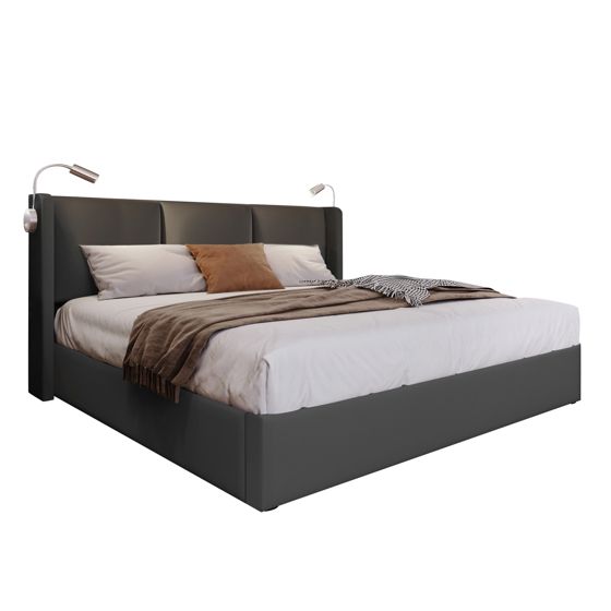 sänky 140x200 cm säilytystila LED-valaistus USB-lataus harmaa PU