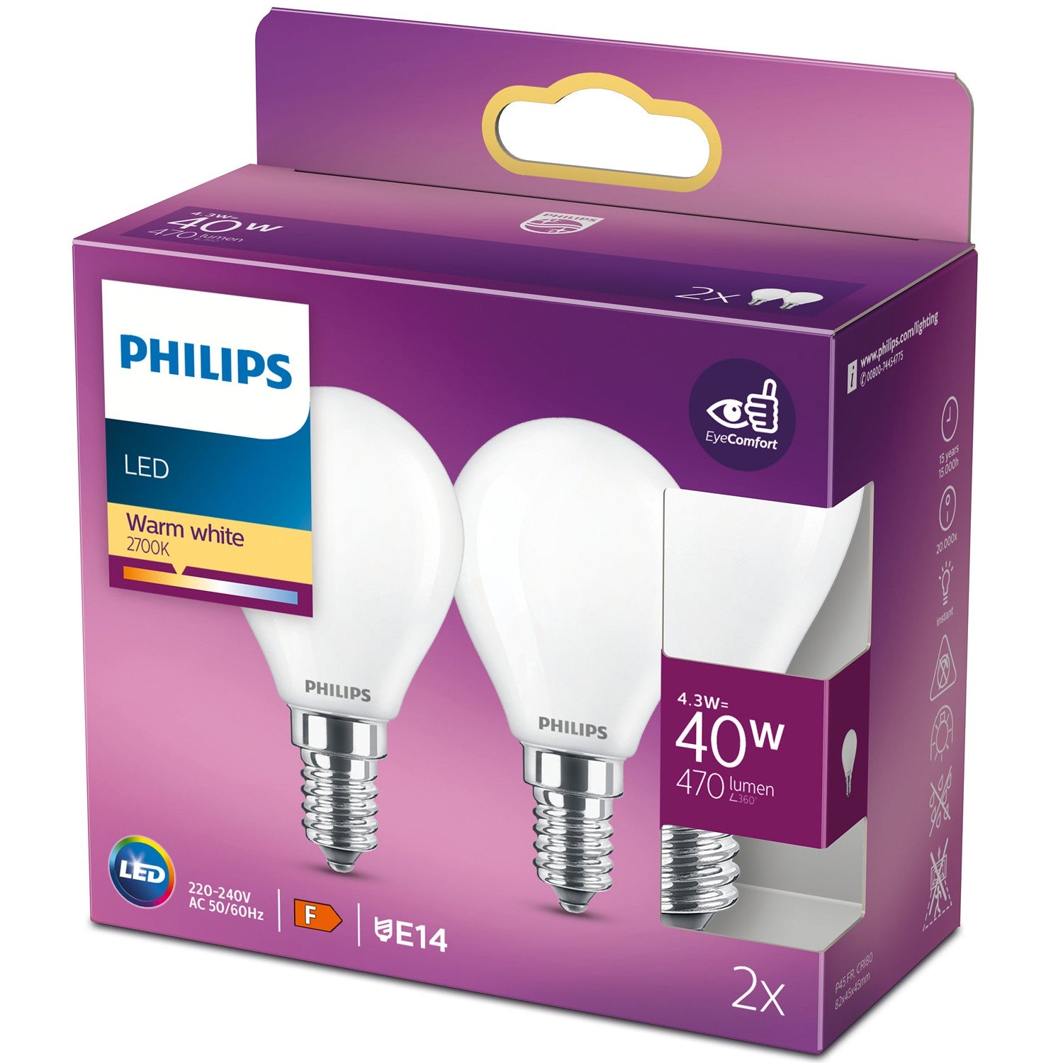 2 kpl LED E14 Globe 4,3W (40W) Frost 470lm